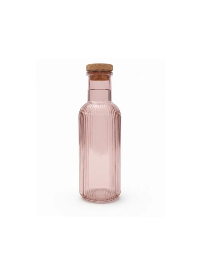 Glass Water Bottle – 1 Litre | Pink Ribbed Design with Cork Lid - Image 1